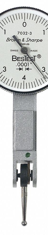 TESA BROWN & SHARPE Horizontal Dial Test Indicator: 0 in to 0.008 in, Horizontal, Inch (MPN 599-7032-6). Key specifications — attr1184166: Wrench; attr1200917: Horizontal Dial Test Indicator; attr1184127: 599-7032-6; attr1184167: TESA BROWN & SHARPE; attr1184108: +/- 0.0001 in; attr1184144: Certificate of Accuracy and Traceability.