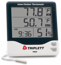 TRIPLETT Indoor/Outdoor Temperature Indicator: 10%to 99% Humidity Range, Humidity/Temp/Time (MPN TM020). Key specifications — Primary Scale: Humidity/Temperature/Time; Display Type: Digital; Brand: TRIPLETT.