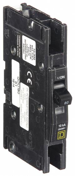 SQUARE D Miniature Circuit Breaker: 80 A, 120/240V AC, Single Phase, 10kA at 120/240V AC, 1 Poles (MPN QOU180). Key specifications — Phase: Single; Amps: 80 A; AC Voltage Rating: 120/240V AC; Max. AIR Rating: 10kA at 120/240V AC; For Use With: Air Conditioning and Refrigeration Equipment; Brand: SQUARE D.