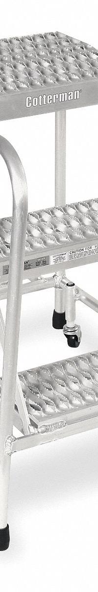COTTERMAN Step Stool: 2.5 ft Overall Ht, 350 lb Load Cap, 3 Steps, Aluminum, 2.5 ft Standing Ht (MPN A3N1822A3B3C50P6). Key specifications — attr1051722: Rolling Step Stool; attr1055542: Not Stackable; attr1051712: Replacement Foot Pads; attr1051697: COTTERMAN; attr1051699: (4) Swivel; attr1051702: Tan; attr1051707: Rubber; attr1051708: Slip-Resistant.
