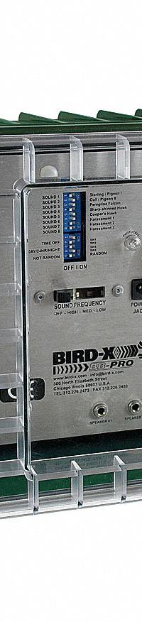 BIRD-X Electronic Bird Repeller: 3,600 sq ft Coverage Area, Wall Mount, Electric, 110 dB Max Volume (MPN BB-PRO-220). Key specifications — Manufacturer Part Number: BB-PRO-220; Brand: BIRD-X; Mounting Type: Wall Mount; Power Source: Electric; Targeted Animals: Blackbirds; Voltage: 220V AC.