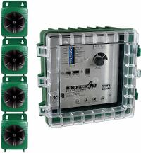 BIRD-X Electronic Bird Repeller: 3,600 sq ft Coverage Area, Wall Mount, Electric, 110 dB Max Volume (MPN BB-PRO-220). Key specifications — Manufacturer Part Number: BB-PRO-220; Brand: BIRD-X; Mounting Type: Wall Mount; Power Source: Electric; Targeted Animals: Blackbirds; Voltage: 220V AC.