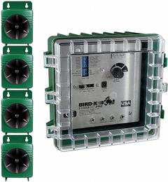 BIRD-X Electronic Bird Repeller: 3,600 sq ft Coverage Area, Wall Mount, Electric, 110 dB Max Volume (MPN BB-PRO-220). Key specifications — Manufacturer Part Number: BB-PRO-220; Brand: BIRD-X; Mounting Type: Wall Mount; Power Source: Electric; Targeted Animals: Blackbirds; Voltage: 220V AC.