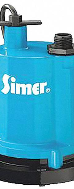 SIMER Plug-In Utility Pump: 1/4 hp, 0 in Max. Dia. Solids, Continuous Duty, 115V AC, 25 ft Max. Head (MPN 2310-04). Key specifications — Impeller Material: Cast Aluminum; Includes: 3/4" Garden Hose Adapter; Rated Voltage: 115V AC; Volute Material: Aluminum; Brand: SIMER.