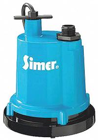 SIMER Plug-In Utility Pump: 1/4 hp, 0 in Max. Dia. Solids, Continuous Duty, 115V AC, 25 ft Max. Head (MPN 2310-04). Key specifications — Impeller Material: Cast Aluminum; Includes: 3/4" Garden Hose Adapter; Rated Voltage: 115V AC; Volute Material: Aluminum; Brand: SIMER.