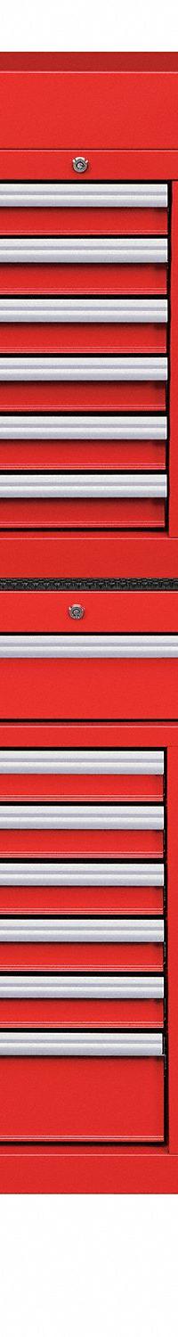 WESTWARD Tool Chest and Cabinet Combination: 24 Drawers, Heavy Duty, Keyed, Red / Powder Coated (MPN 7CX92). Key specifications — attr1116680: Red; attr1116684: Ball Bearing; attr1116690: WESTWARD; attr1116659: Keyed; attr1116661: Top Chest 41-1/2 in W x 18-5/8 in D x 26-7/8 in H.