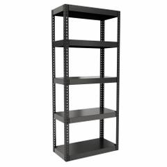 HALLOWELL Boltless Shelving: Standalone, Extra-Heavy-Duty, 36 in x 18 in, 84 in Overall Ht, Steel (MPN HCR361884-5ME). Key specifications — Finish: Powder Coated; Maximum Post Load Capacity: 6,000 lb with Beams Evenly Spaced at 21 in; Decking Material: Steel; Color: Black; Beam Profile: Angle; Brand: HALLOWELL; Side Panel: Open.