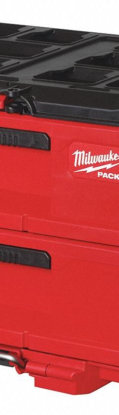 MILWAUKEE PACKOUT Tool Box: Polymer, Black/Red, 22 3/16 in W x 14 5/16 in H x 16 5/16 in D (MPN 48-22-8442). Key specifications — attr1117293: MILWAUKEE; attr1117310: Security Bar; attr1117382: Polymer; attr1117383: Black.