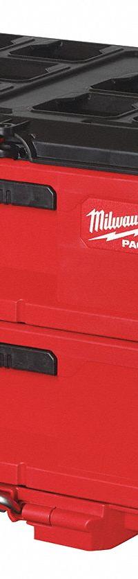 MILWAUKEE PACKOUT Tool Box: Polymer, Black/Red, 22 3/16 in W x 14 5/16 in H x 16 5/16 in D (MPN 48-22-8442). Key specifications — attr1117293: MILWAUKEE; attr1117310: Security Bar; attr1117382: Polymer; attr1117383: Black.