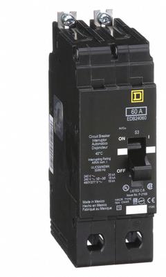 SQUARE D Miniature Circuit Breaker: 60 A, 277/480V AC, Single Phase, 18kA at 277/480V AC, 2 Poles (MPN EDB24060). Key specifications — Phase: Single; Amps: 60 A; AC Voltage Rating: 277/480V AC; Max. AIR Rating: 18kA at 277/480V AC; For Use With: Square D NF Panelboards; Brand: SQUARE D.