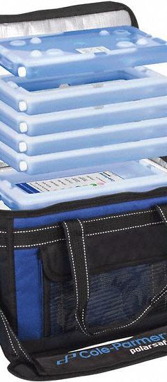 Cryogenic Storage Box: 13 3/4 in Overall Lg, 10 1/4 in Overall Wd, 9 in Overall Ht, 10 L Capacity (MPN 0372634). Key specifications — Material: Nylon; Includes: (2) 4°C End Caps; Product Type: Transport Bag; Brand: COLE-PARMER.