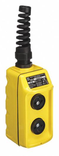 SQUARE D Pendant Control Station: (2) Push Buttons, 2NO/2NC, No Legend, NEMA 4, (2) Push Buttons (MPN 9001BW91YU). Key specifications — AC Contact Rating: 0.6 A @ 600 V; Action: Momentary/Momentary; DC Contact Rating: 0.2 A @ 600 V; Enclosure Material: Thermoplastic; Hub Style: Dead-End; Legend: No Legend; Operator Configuration: (2) Push Buttons; Brand: SQUARE D.