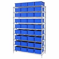 QUANTUM STORAGE SYSTEMS Shelving Unit: 48 in x 18 in x 74 in, 1 Sided, 36 Bins, Stack and Nest Bin (MPN WR9-92060CL). Key specifications — Includes Bins: Yes; Frame Color: Chrome; Bin HxWxD: 6 x 10-7/8 x 16-1/2 in; Frame Material: Carbon Steel; Bin Color: Clear; Bin Style: Stack and Nest; Brand: QUANTUM STORAGE SYSTEMS.