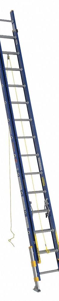 WERNER Extension Ladder: 28 ft Ladder Size, Fiberglass, 300 lb Load Capacity, 70 lb Wt, 2 Sections (MPN D8228-2EQ). Key specifications — Color: Blue; Brand: WERNER; Included Features: Leg Levelers; Removable Fly: Removable.