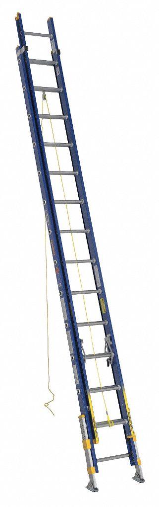 WERNER Extension Ladder: 28 ft Ladder Size, Fiberglass, 300 lb Load Capacity, 70 lb Wt - Leg Leveling Non-Conductive Fiberglass Extension Ladders