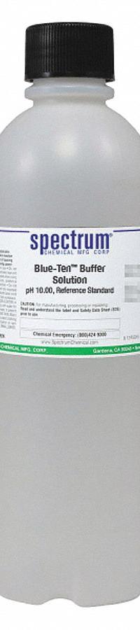 SPECTRUM Buffer - pH 10 - Blue: Lab, 1 L Volume, Liquid, pH 10.00 +/-002 @ 25°C, Plastic, Bottle, 1 (MPN B1172-1LT). Key specifications — Brand: SPECTRUM; CAS Number: 7732-18-5; Chemical Family Type: Buffer; Chemical Grade: Lab; Concentration: pH 10.00 +/-002 @ 25°C; Container Material: Plastic; Container Type: Bottle; Form: Liquid.