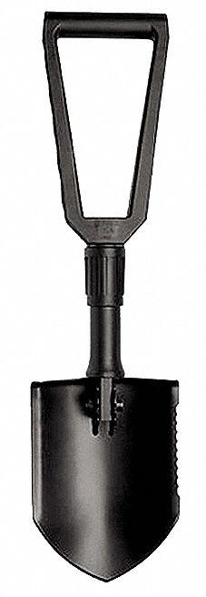 GERBER Round Point Folding Shovel: Steel Blade, 14 ga, D-Grip Handle Type, Glass Filled Nylon Handle (MPN 30-000075). Key specifications — Blade Color: Black; Handle Color: Black; Blade Material: Steel.