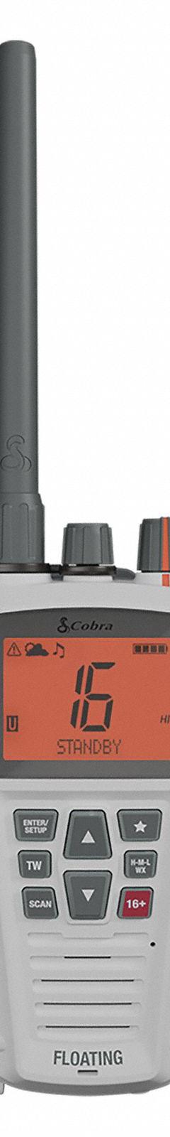 COBRA Marine Radio: VHF, Analog, 6 W, 12 Channels, IPX7, White, BlueBound 350, 12 hr, Li-Ion, FCC (MPN 0190010-3). Key specifications — Radio Application: Marine; Product Type: Handheld Two Way Radio; Features: Included USB-C Dock Charger with Extra Battery Charging Slot for Convenience; Bluetooth: No; IP Rating: IPX7; Manufacturer Part Number: 0190010-3; Brand: COBRA; Standards: FCC.