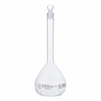 GLOBE SCIENTIFIC Glass Flasks: 500 mL, Colorless, B, 0.4 mL, Includes Closure, 260 mm Overall Ht (MPN 8250500). Key specifications — Tolerance: 0.4 mL; Body Color: Colorless; Brand: GLOBE SCIENTIFIC; Compatible with Stopper Size: 19; USP Specification: Type I.