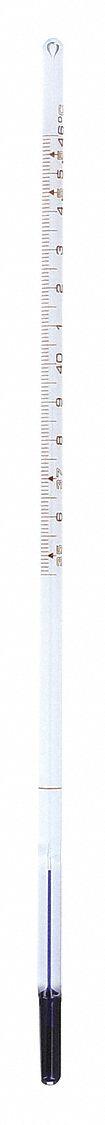 THERMCO Liquid In Glass Thermometer: 34.5°C to 46°C, Partial Immersion, 76 mm Immersion Dp, +/-0.2°C (MPN ACC713BLS). Key specifications — attr1275412: +/-0.2°C; attr1275416: THERMCO; attr1280797: Celsius.