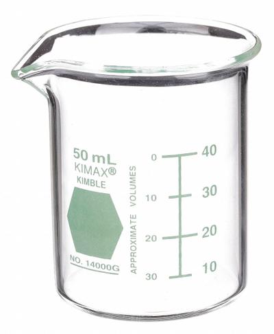 KIMBLE Colorware Beaker: 50 mL, 1.69 fl oz, A, Low Form, Type I, Green - Color Coded Low Form Glass Beakers