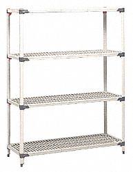 METRO Plastic Shelving: 60 in x 18 in, 62 in Overall Ht, 4 Shelves, 800 lb Load Capacity per Shelf (MPN Q366G3). Key specifications — Resistance Properties: Antimicrobial; Shelf Adjustment Type: Quick-Adjust; Frame Material: Steel; Shelving Material: Plastic; Brand: METRO.