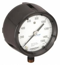 ASHCROFT Process Pressure Gauge: 0 psi to 1,500 psi, White, 4 1/2 in Dial, 1/2 in NPT Male, Bottom (MPN 451279SS04LXLL1500). Key specifications — Brand: ASHCROFT; Pointer Color: Black; Accuracy: ±0.5%; Dial Color: White; Gauge Wetted Parts: Stainless Steel; Case Material: Phenolic; Vibration Resistance Properties: Dry Case Vibration-Dampened; Pressure Range: 0 psi to 1,500 psi.
