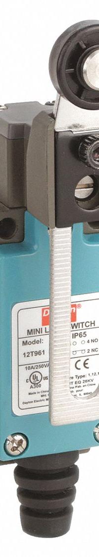 DAYTON Limit Switch: 56 mm Mounting Hole Vertical Center to Center Distance, Adj Roller Lever-Arm, 1 (MPN 12T961). Key specifications — Manufacturer Part Number: 12T961; Brand: DAYTON; Electrical Connection: Screw Terminals.