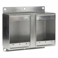 LEVITON FD Box: Stainless Steel, Rectangular, 2 Gangs, 3 1/16 in Box Dp, 6 5/8 in Box Wd (MPN FDSS2). Key specifications — Brand: LEVITON; Bracket Style: Without Bracket; Clamp Style: Without Clamps.