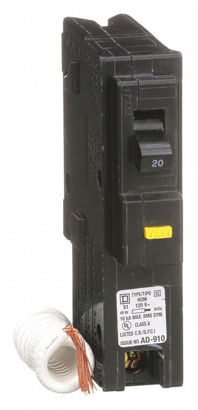 SQUARE D Miniature Circuit Breaker: 20 A, 120V AC, Single Phase, 10kA at 120V AC - HOM Series, Plug-In Square D Miniature Circuit Breakers