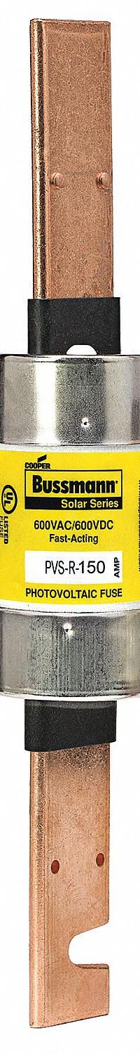 Solar Fuse: PVS-R Series, Fast-Acting, 150 A, 600 V DC (MPN PVS-R-150). Key specifications — Series: PVS-R; Brand: BUSSMANN; Voltage Compatability: AC/DC.
