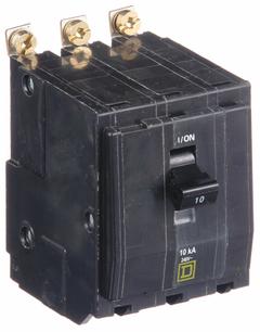 SQUARE D Miniature Circuit Breaker: 10 A, 120/240V AC, Three Phase, 10kA at 120/240V AC, 3 Poles (MPN QOB310). Key specifications — Phase: Three; Amps: 10 A; AC Voltage Rating: 120/240V AC; Max. AIR Rating: 10kA at 120/240V AC; For Use With: Square D NQOD Panelboards; Brand: SQUARE D.