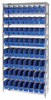 QUANTUM STORAGE SYSTEMS Bin Shelving: 36 in x 12 in x 74 in, 1 Sided, 64 Bins, Open, Shelf Bin, Blue (MPN WR9-201BL). Key specifications — Includes Bins: Yes; Bin Material: Polypropylene; Frame Color: Silver; Bin HxWxD: (64) 6 in x 4-1/8 in x 11-5/8 in; Frame Material: Steel; Bin Color: Blue; Bin Style: Shelf; Brand: QUANTUM STORAGE SYSTEMS.