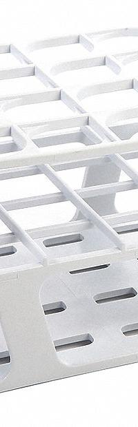 Tube Rack: 3 5/8 in Overall Wd, 4 7/8 in Overall Ht, 4 3/4 in Overall Lg, POM, White, (16) Wells (MPN HS27504A). Key specifications — Material: POM; Mounting Location: Benchtop; Color: White; Product Type: Test Tube Rack; Total Holding Capacity: (16) Wells; Brand: HEATHROW SCIENTIFIC.