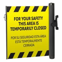 MODUS Mounted Barrier: Fixed Mount, 11 1/2 ft Belt Lg, Restricted Access Messaging, Yellow (MPN ZP+EMPP-Y-FML). Key specifications — Message Color: Black; Frame Color: Black; Brand: MODUS; Belt Color: Yellow.