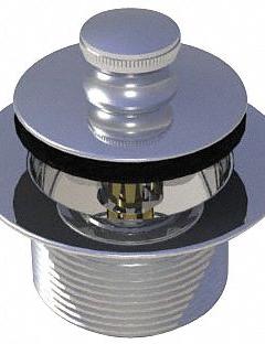 WATCO Drain Stopper: Brass, Chrome-Plated, 2 in Overall Dia, Push and Pull, 2 7/8 in Fits Drain Size (MPN 38325-CP). Key specifications — Color: Silver; Includes: Strainer Body; Material: Brass.