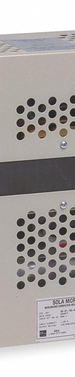 SOLAHD Power Conditioner: Single Phase, 2 kVA Power Rating - Apparent, 2,000 W Output Watts, 16.7 A (MPN 63232208). Key specifications — Phase: Single; Input Voltage: 120 to 600V AC; Maximum Current: 16.7 A; Output Voltage: 110 to 240V AC; Wiring: Hardwired; Plug Configuration: Hardwired; Brand: SOLAHD.