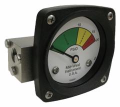 MIDWEST INSTRUMENT 3-Color Differential Pressure Indicator: 1,000 psig Max. Static Pressure, 522 (MPN 522S-020V). Key specifications — Brand: MIDWEST INSTRUMENT; Accuracy: ±5% of Full Scale; Sensor Material: Viton; Housing Material: Stainless Steel; Transition Points: 0 psid to 10 psid (Green) / 10 psid to 15 psid (Yellow) / 15 psid to 20 psid (Red).