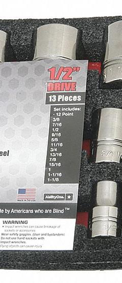 ABILITY ONE Socket Set: 3/8 in Drive, 13 Piece, 12-Point, SAE, 1/4 in to 7/8 in (MPN 5120-01-631-3963). Key specifications — attr1224269: 3/8 in; attr1204685: Tether Ready; attr1204650: 1/4 in to 7/8 in; attr1204673: Socket Bits Not Included; attr1204688: ABILITY ONE; attr1206170: Deep Sockets.