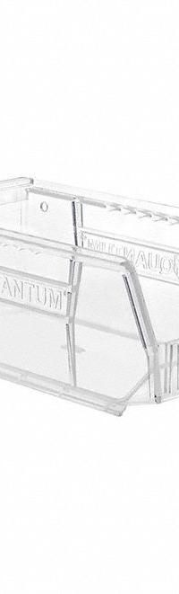 QUANTUM STORAGE SYSTEMS Plastic Bin: 4 1/8 in x 7 3/8 in x 3 in, Clear, Label Holder Included, 250°F (MPN QUS220CC). Key specifications — Brand: QUANTUM STORAGE SYSTEMS; % Recycled Content: 0%.