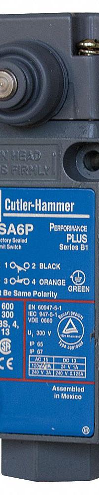 EATON Plunger Limit Switch: Plunger Actuator, Momentary/Momentary, Metallic, 8 ozf Op Force - Min (MPN E50AS16P). Key specifications — Manufacturer Part Number: E50AS16P; Brand: EATON; Electrical Connection: 8 ft Cable; Action: Momentary/Momentary; Series: E50; Body Material Type: Metallic; Actuator Type: Plunger.