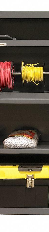 DURHAM MFG Storage Cabinet: 36 in x 18 in x 48 in, Swing Handle & Keyed, 16 ga Panel Thick, Frame (MPN 2600-2S-95). Key specifications — attr62698: Gray; attr62736: Welded; attr87895: Frame; attr62693: Assembled; attr62737: Stationary; attr62694: Adjustable; attr62695: Powder Coated; attr62696: Steel.