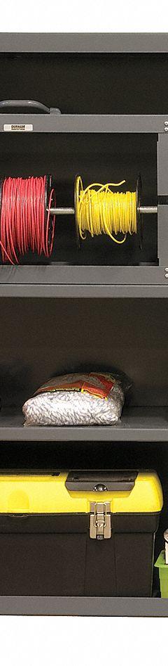 DURHAM MFG Storage Cabinet: 36 in x 18 in x 48 in, Swing Handle & Keyed, 16 ga Panel Thick, Frame (MPN 2600-2S-95). Key specifications — attr62698: Gray; attr62736: Welded; attr87895: Frame; attr62693: Assembled; attr62737: Stationary; attr62694: Adjustable; attr62695: Powder Coated; attr62696: Steel.