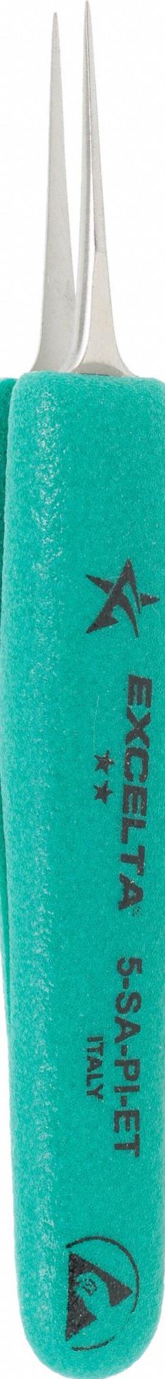 EXCELTA Tweezers: Stainless Steel, Point, Straight Tip (MPN 5-SA-PI-ET). Key specifications — attr1002355: Stainless Steel; attr1002345: EXCELTA; attr1002348: Stainless Steel; attr1002358: Smooth; attr1002361: 5-SA; attr1024781: Ergonomic.