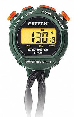 EXTECH Stopwatch: +/-3 Seconds Per Day, Count Up, LCD, 23 hrs, 59 minutes, 59.99 seconds, Audible (MPN STW515). Key specifications — Count Direction: Count Up; Accuracy: +/-3 Seconds Per Day; Alarm Type: Audible; Calibration Certificate Type: NIST; Digital Display Screen Type: LCD; Maximum Time Capacity: 23 hrs, 59 minutes, 59.99 seconds; Resistance Properties: Water Resistant; Clock Function Included: Yes.
