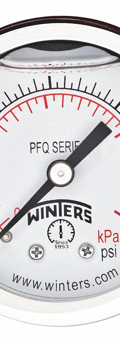 WINTERS Panel-Mount Pressure Gauge: Front Flange, 0 psi to 15 psi, 2 in Dial, 1/8 in NPT Male - Front-Flange Panel-Mount with Brass/Bronze Wetted Parts