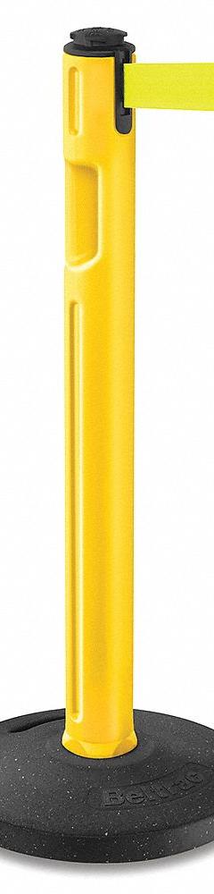 LAVI Barrier Post with Belt: Fluorescent Yellow, No Pattern, No Legend, 12 ft Belt Lg, Yellow (MPN 80-5000R/YL/FY). Key specifications — Base Material: Rubber; Belt Color: Fluorescent Yellow; Brand: LAVI; Post Material: Plastic; Post Color: Yellow; Message: No Legend.
