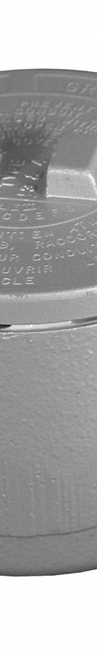 Conduit Outlet Body: Aluminum, GR, 1 in Trade Size, L Body, 18 cu in Body Capacity (MPN GRL100-A). Key specifications — Series: For Standard Body; Compatible Conduit Trade Size: 1 in; Thread Gender: Female; Hub Style: Threaded; Cover Included: Yes; Body Style: L; Connection Type: Threaded; Back Type: Round.