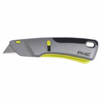 PACIFIC HANDY CUTTER, INC Safety Knife: 7 in Overall Lg, Rubberized, 3/4 in Overall Wd, Metal (MPN E13206-9). Key specifications — attr307884: Slide Release Button; attr307885: Carbon Steel Rounded Tip; attr307882: Silver; attr307878: Rubberized; attr307881: Metal; attr324892: PACIFIC HANDY CUTTER, INC.