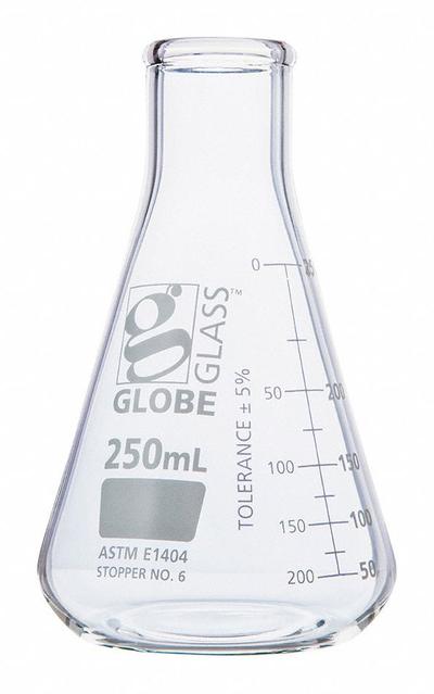 GLOBE SCIENTIFIC Erlenmeyer Flask: 250 mL, Colorless, Conical, A - Glass Erlenmeyer Flasks